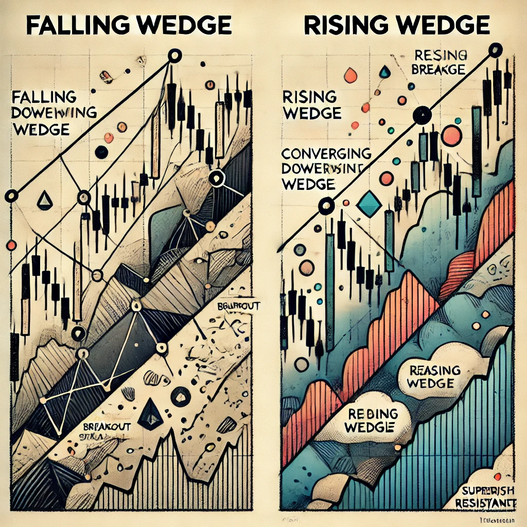 DALL·E 2025-03-16 18.10.58 - A side-by-side comparison of the Falling Wedge and Rising Wedge chart patterns. The left side shows a Falling Wedge with two converging downward-slopi