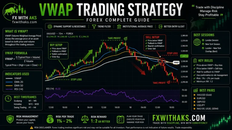 VWAP Trading Strategy in Forex showing Buy and Sell setups with candlestick chart, VWAP indicator, EMA 20, EMA 50, RSI, stop loss, take profit, and risk management guide for XAUUSD, EURUSD, GBPUSD, and USDJPY by FXWITHAKS.